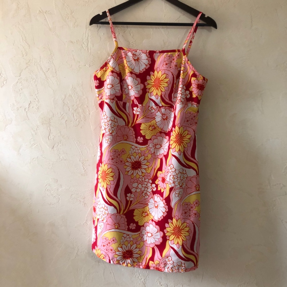 Vintage Red Flower Power 70s Mini Dress Large